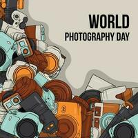 World photography day template design with doodle art of camera or photography tools vector