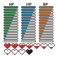 Pixel HP scale. Progress or regression in lives, graphic elements. vector