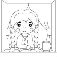 Coloring page of a little girl looks out the window vector