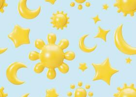 Seamless pattern with yellow 3D stars, moons, suns on light blue background. Applicable for fabric print, textile, wallpaper. Repeatable texture. Cartoon style, pattern for kids bedding, clothes. 3D. photo