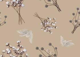 Seamless pattern with pampas grass and dried plants. Applicable for fabric print, textile, wrapping paper, wallpaper. Botanical background with dried leaves. Boho style. Repeatable texture. 3D render. photo
