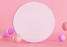 Pink background with 3d spheres and empty space for text. Blank circle shape with copy space. Place here your advertising, announcement, logo. Vibrant colors. 3D rendering. photo