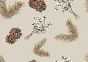 Seamless pattern with pampas grass and dried plants. Applicable for fabric print, textile, wrapping paper, wallpaper. Botanical background with dried leaves. Boho style. Repeatable texture. 3D render. photo