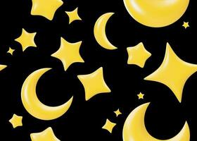 sin costura modelo con amarillo 3d estrellas y lunas en negro antecedentes. aplicable para tela imprimir, textil, fondo de pantalla. repetible textura. dibujos animados estilo, modelo para niños lecho, ropa. 3d prestar. foto