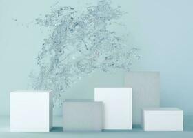 White and glass podiums with water splash on blue background. Mock up for product, cosmetic presentation. Pedestal or platform for beauty products. Empty scene. Stage, display, showcase. 3D rendering. photo