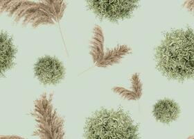 Pastel green seamless pattern with pampas grass. Applicable for fabric print, textile, wrapping paper, wallpaper. Botanical background with dried leaves. Boho style. Repeatable texture. 3D render. photo