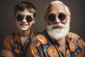 Happy grandfather and grandson. Positive senior with grandchild. Multi-generational family. Smiling people. Happy retirement. Positive aging, good mood. Cool senior. Portrait, close up. Generative AI. photo