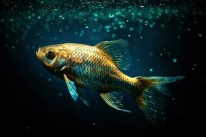 Beautiful golden fish in water. Ocean or sea inhabitant, marine life. Underwater creature. Generative AI. photo