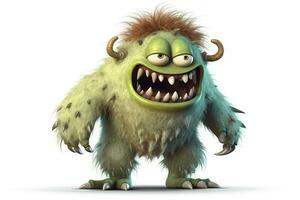 Funny green cartoon monster on white background. Scary creature. Cute Halloween character. Generative AI. photo