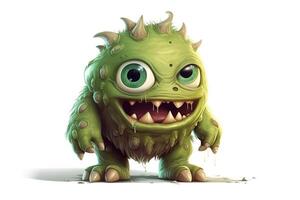 Funny green cartoon monster on white background. Scary creature. Cute Halloween character. Generative AI. photo