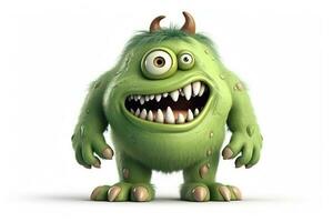 Funny green cartoon monster on white background. Scary creature. Cute Halloween character. Generative AI. photo