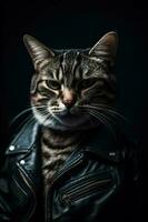 Cool cat with leather jacket on black background. Fashionable appearance, be trendy. Style and fashion. Stylish pet. Cat boss, funny pet. Generative AI. photo