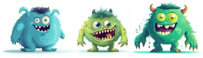 Funny green and blue cartoon monsters on white background. Scary creatures set. Cute Halloween characters. Generative AI. photo