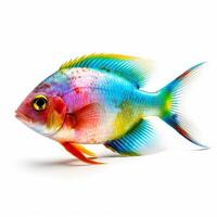 Beautiful colorful fish, isolated on white background. Ocean inhabitant, marine life. Undersea creature. Rainbow colors. Generative AI. photo