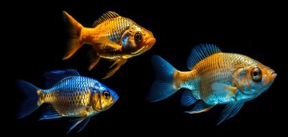 Set of beautiful golden fishes, isolated on black background. Collection of ocean inhabitants. Marine life. Undersea creatures. Underwater wildlife. Realistic fish. Generative AI. photo