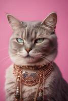 Cool cat with neckless on pink background. Fashionable appearance, be trendy. Style and fashion. Stylish pet. Jewelry, accessories. Generative AI. photo