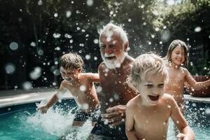 Happy grandfather and grandchildren enjoy time together, they splashing in pool. Positive senior spending time with his grandkids. Multi-generational family. Happy, active retirement. . photo