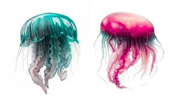 Two jellyfishes. Sea animals, isolated on white background. Ocean inhabitants. Marine life. Undersea creatures. Underwater wildlife. Beautiful jellyfish. Watercolor effect. . photo