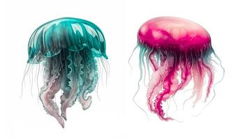 Two jellyfishes. Sea animals, isolated on white background. Ocean inhabitants. Marine life. Undersea creatures. Underwater wildlife. Beautiful jellyfish. Watercolor effect. Generative AI. photo