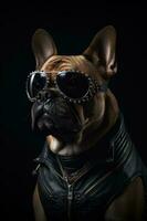 Cool dog with sunglasses and leather jacket on black background. Fashionable appearance, be trendy. Style and fashion. Stylish pet. Dog boss, funny pet. Generative AI. photo