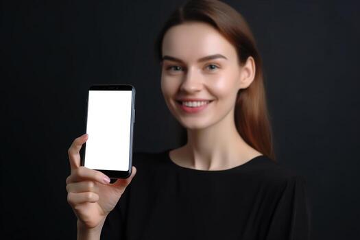 Woman holding smartphone with blank white screen. Smartphone mock up. Empty, copy space for app, game, website presentation. Empty mobile phone screen ready for your design. . photo
