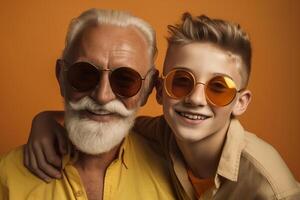 Happy grandfather and grandson. Positive senior with grandchild. Multi-generational family. Smiling people. Happy retirement. Positive aging, good mood. Cool senior. Portrait, close up. . photo