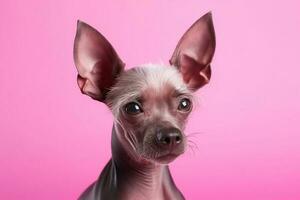 Cool mexican hairless dog on pink background. Stylish pet. Xolo, xoloizquintle breed. Generative AI. photo