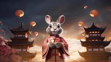 Cheerful Rabbit Celebrating Mid Autumn, Happy Mid Autumn Festival Background. photo