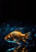 Beautiful golden fish in water. Ocean or sea inhabitant, marine life. Underwater creature. Copy space for text. . photo