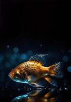 Beautiful golden fish in water. Ocean or sea inhabitant, marine life. Underwater creature. Copy space for text. Generative AI. photo