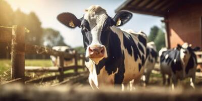 Cow on Green Field Sunny Light Background, Cows Farm. Generative Ai photo