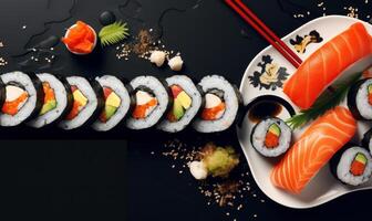 Sushi publicidad antecedentes para social medios de comunicación correo, japonés Sushi rodar con salmones generativo ai foto