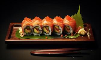 Sushi Advertising Background For Social Media Post, Japanese Sushi Roll with Salmons. Generative Ai photo