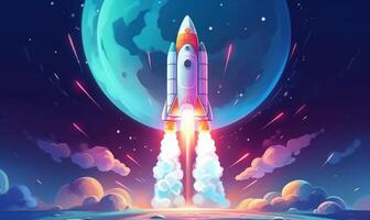 Rocket Launching to Space Background, Space Exploration Illustration. photo