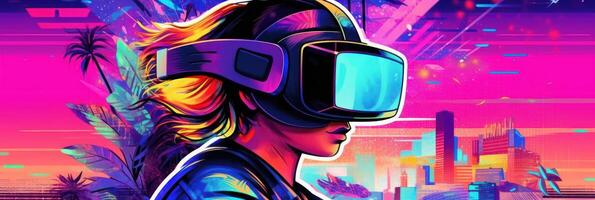 Woman with VR Headset Exploring the Metaverse, Virtual Reality Glasses of Modern Technology. photo