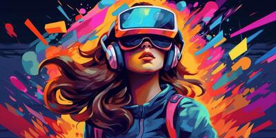 mujer con vr auriculares explorador el metaverso, virtual realidad lentes de moderno tecnología. generativo ai foto