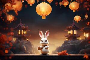 Cheerful Rabbit Celebrating Mid Autumn, Happy Mid Autumn Festival Background. Generative Ai photo