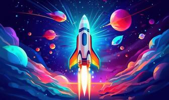 Rocket Launching to Space Background, Space Exploration Illustration. photo