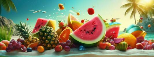 Freshy Various Fruits For Summer Background, Summer Festive Time Concept. Generative Ai photo