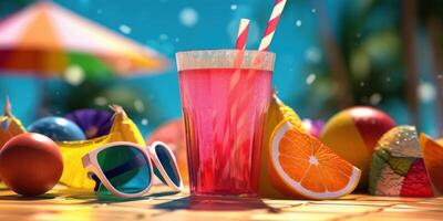 Freshy Fruit Juice Background with Various Fruits, Summer Festive Time. photo