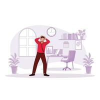 Businessman standing in the office feeling tired and stressed. Trend Modern vector flat illustration.