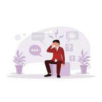 The young man in a suit is sitting and feeling tired, depressed, and stressed. Trend Modern vector flat illustration.