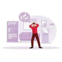 The young man is standing in the lounge, holding his head, feeling unhappy and having a migraine. Trend Modern vector flat illustration.