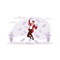 The young man in the suit jumped with the story and brought some money. Trend Modern vector flat illustration.