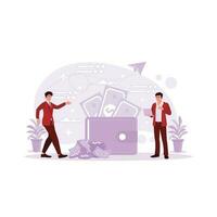 Two men are standing with large wallets filled with money, and one of the men with a laptop. Trend Modern vector flat illustration.