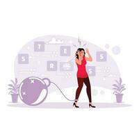 Woman's expression of feeling stressed with a rope on her leg carrying a heavy load. Trend Modern vector flat illustration.