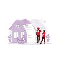 A family with a house, the word taxes, and a bag of money. Real estate tax concept, luxury tax payment, and law-abiding. Trend Modern vector flat illustration.