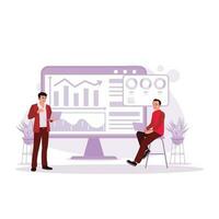 Two businessmen are analyzing arrow charts and business growth year by year. Trend Modern vector flat illustration.