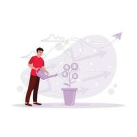 Portrait of a young man sweeping a lush money tree. Concept of business growth, profit, and success. Trend Modern vector flat illustration.