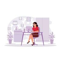 The beautiful female blogger who works with a computer accesses the internet and creates freely. Trend Modern vector flat illustration.